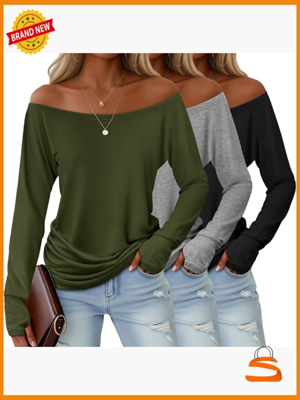 Off Shoulder Boat Neck Long Sleeve Tunic Tees 3 Pack